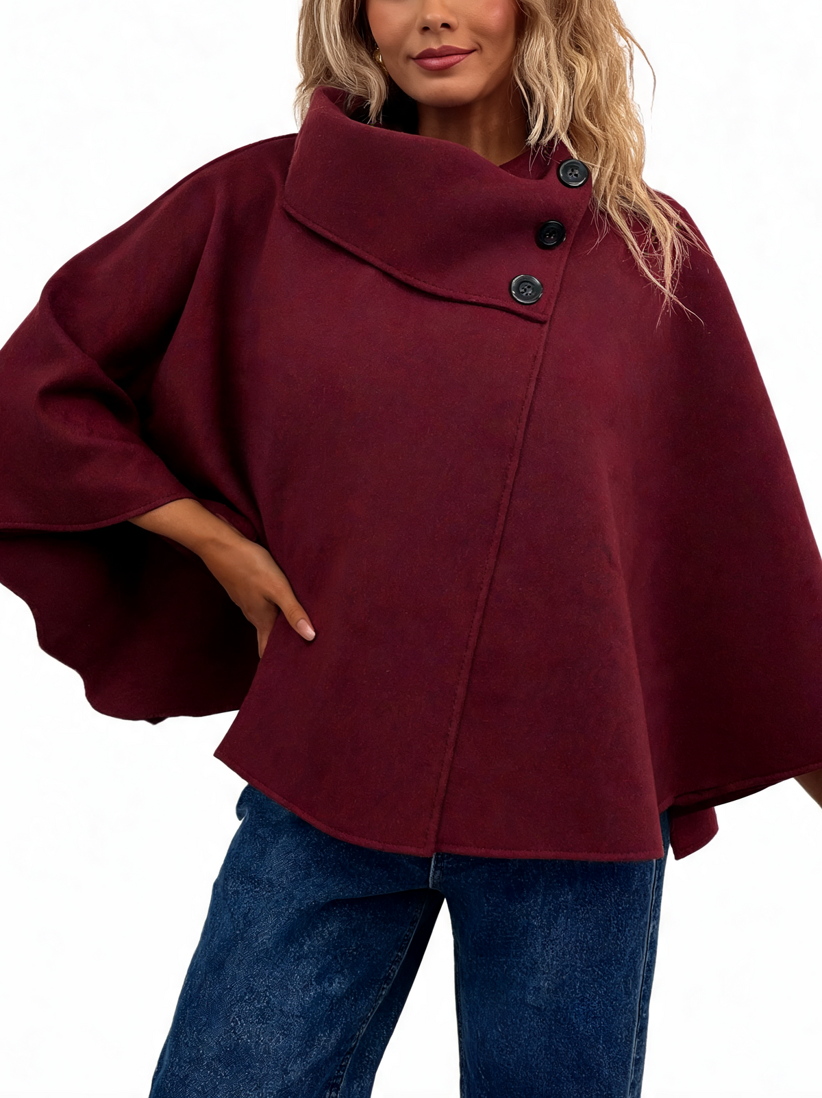 Burgundy cowl-neck poncho with three-button front placket and wide cape sleeves