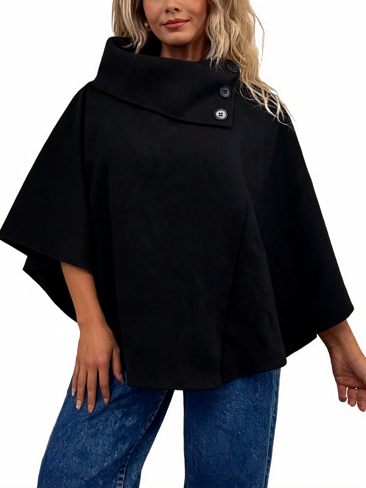 Black cowl-neck poncho with three-button front placket and wide cape sleeves