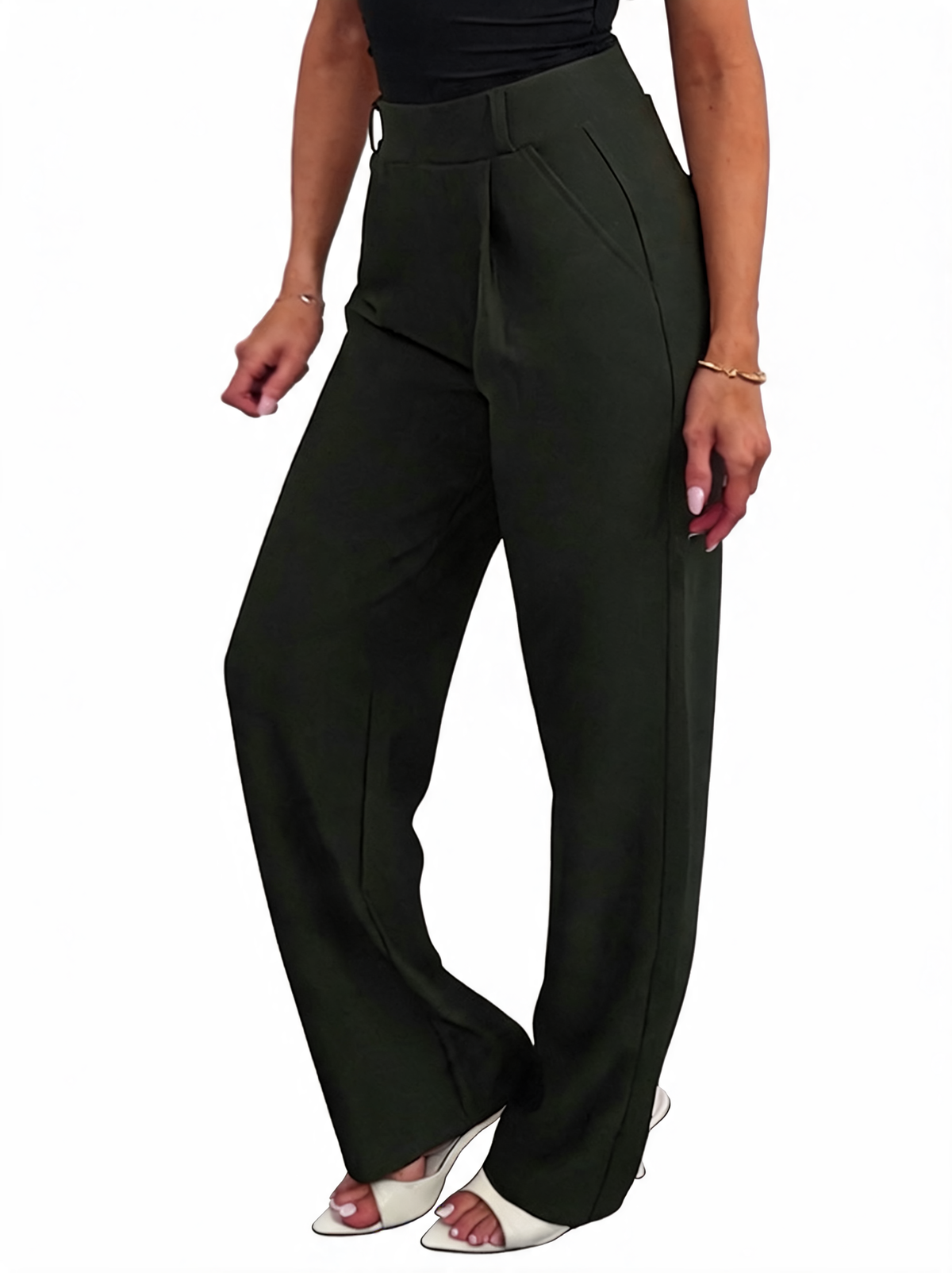 High Waisted Pleated Front Tailored Palazzo Pants with Pocket