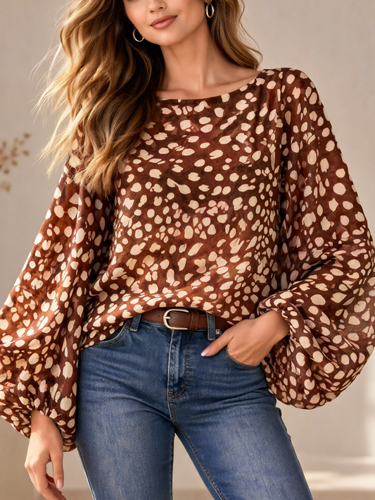 Spotted Print Balloon Sleeve Round Neck Lightweight Boho Top