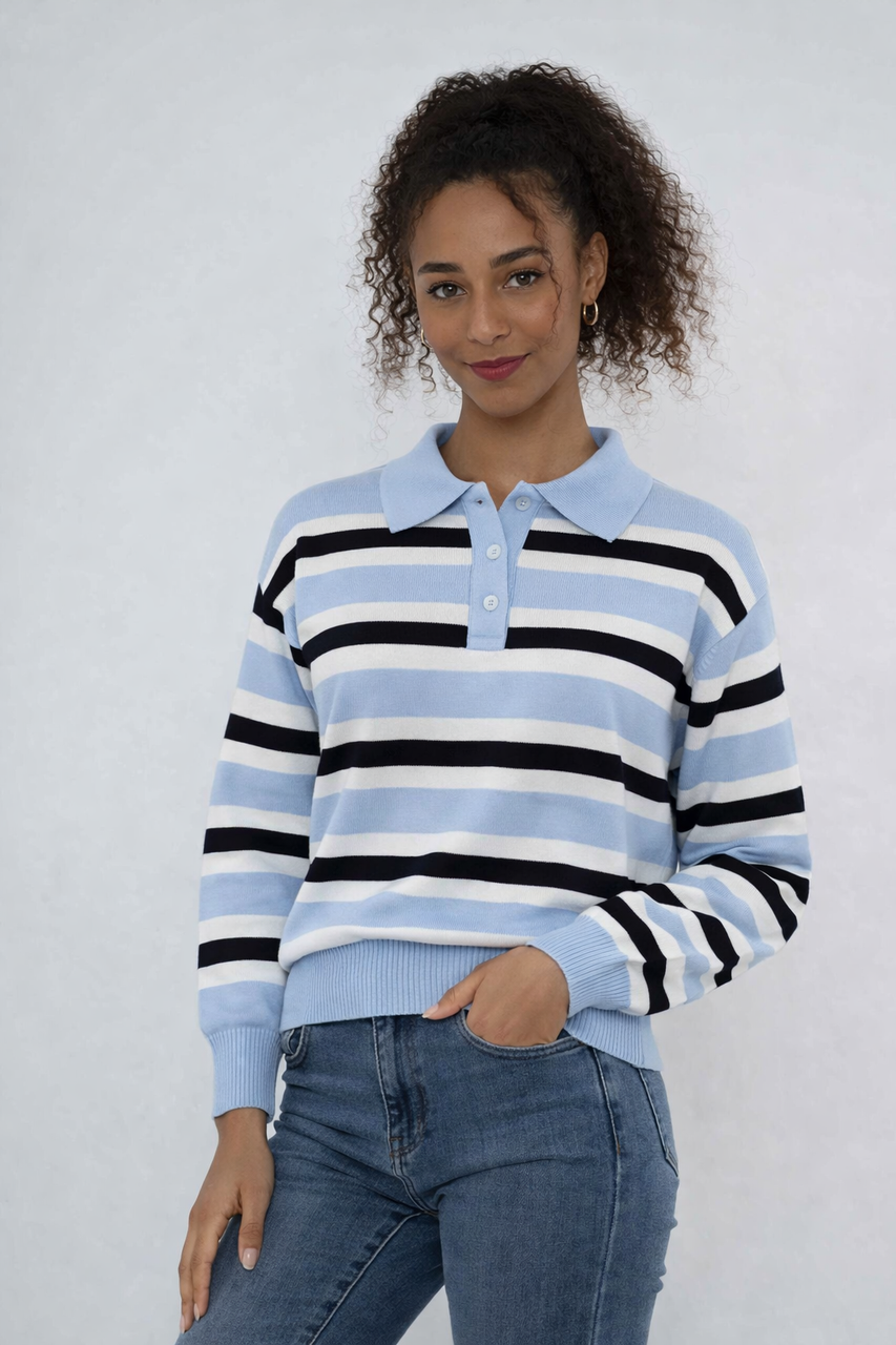 Gestreept gebreid poloshirt - Zachtblauw