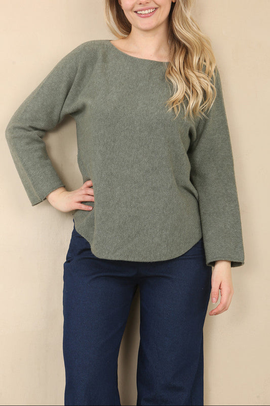 Sage green soft knit boat-neck sweater with curved relaxed long sleeves and hem