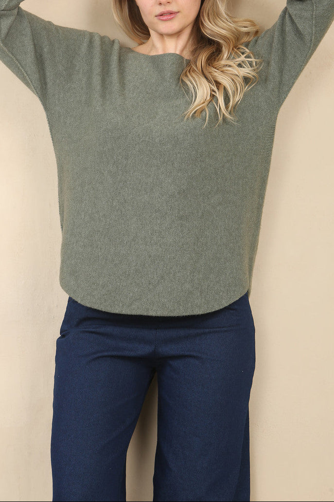 Heathered sage soft knit boat-neck sweater with long sleeves and relaxed curved fit