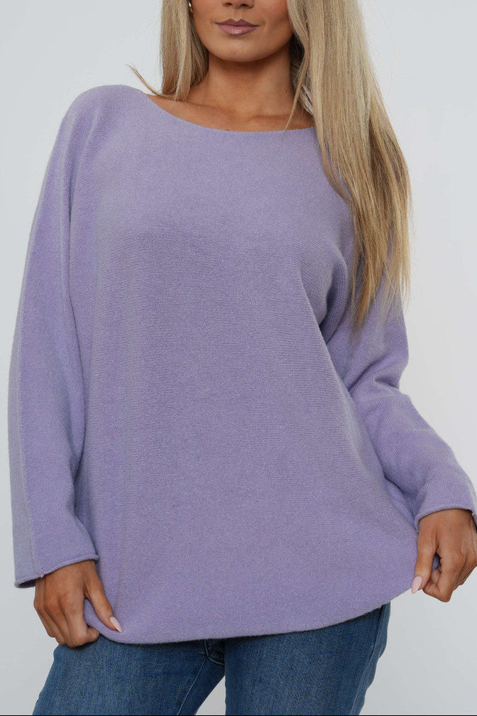 Lavender boat neck knit sweater with long sleeves and relaxed curved hem