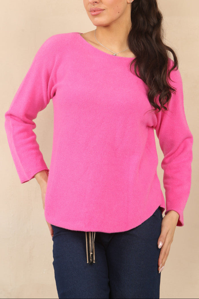 Pink soft knit boat-neck sweater with long sleeves and relaxed curved fit