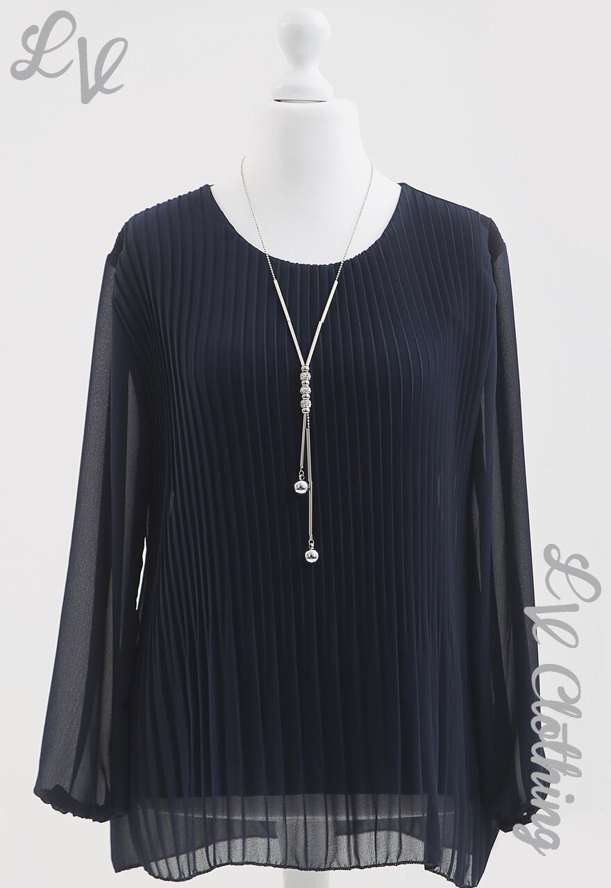 Ladies Pleated Long Sleeve Blouse With Necklace Navy -  Unit Price £8.99