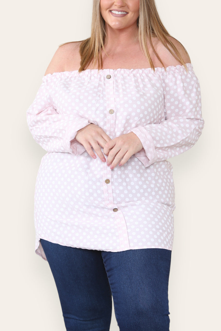 POLKA DOT BUTTON FRONT BARDOT TOP DUSTY PINK