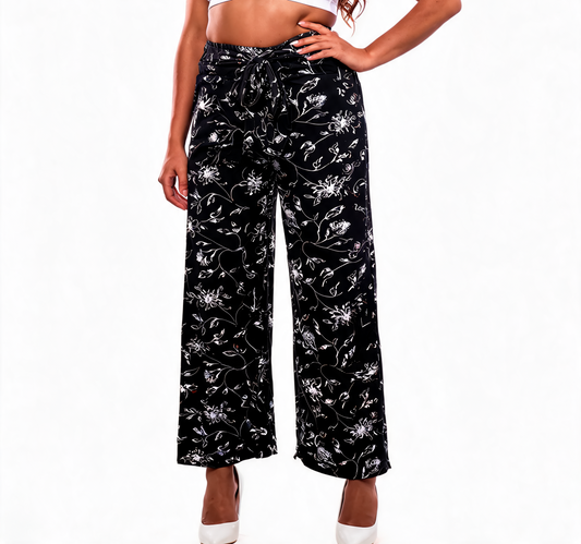 Platso Belted Wide-Leg Floral Print Trousers - Black