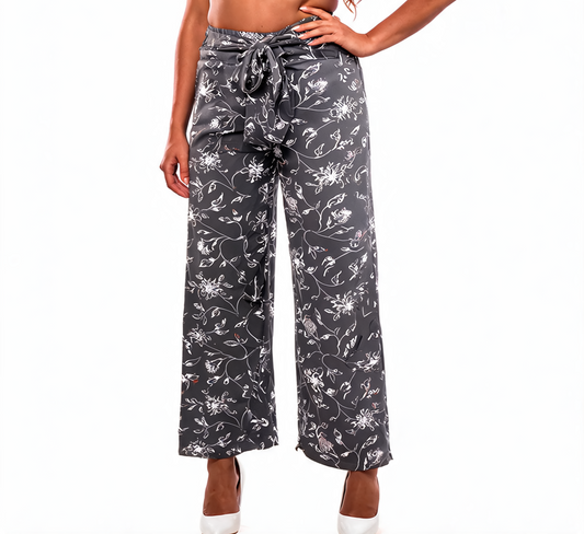 Platso Belted Wide-Leg Floral Print Trousers - Charcoal