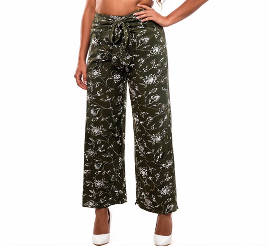 Platso Belted Wide-Leg Floral Print Trousers - Khaki