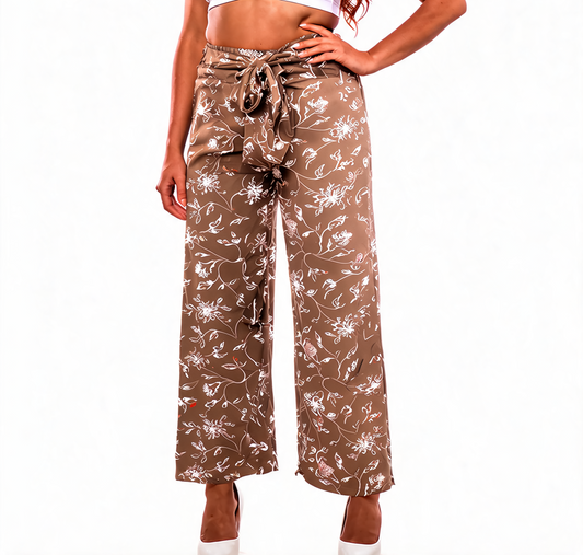 Platso Belted Wide-Leg Floral Print Trousers - Taupe