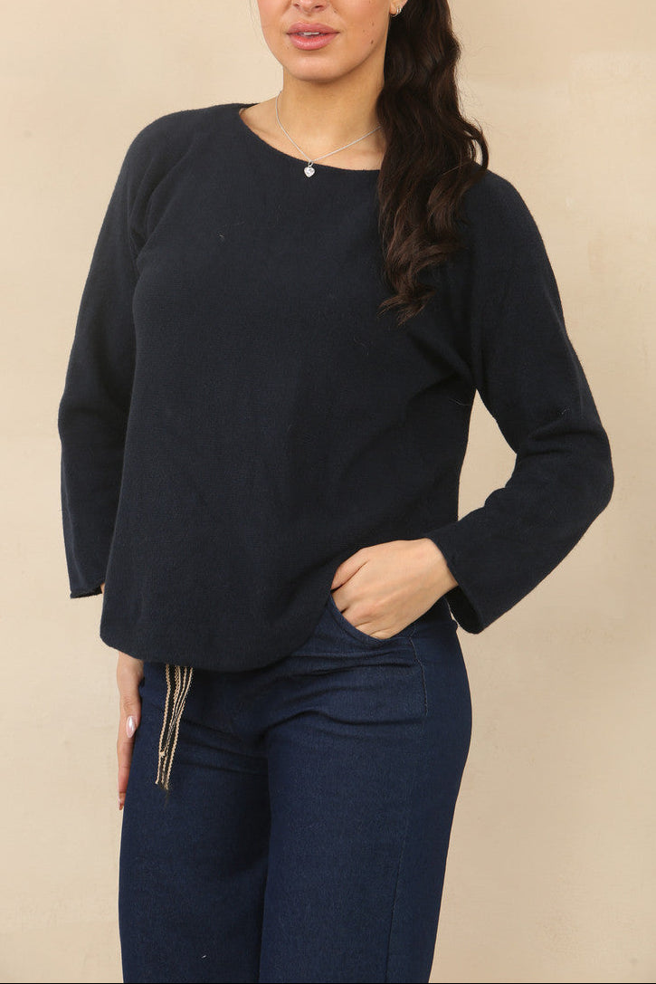 Black soft knit boat-neck sweater with curved relaxed fit and long sleeves