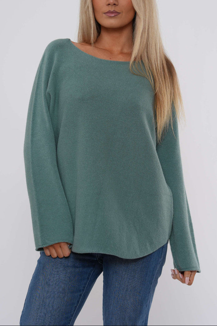 Teal boat neck knit sweater with long sleeves and relaxed curved hem