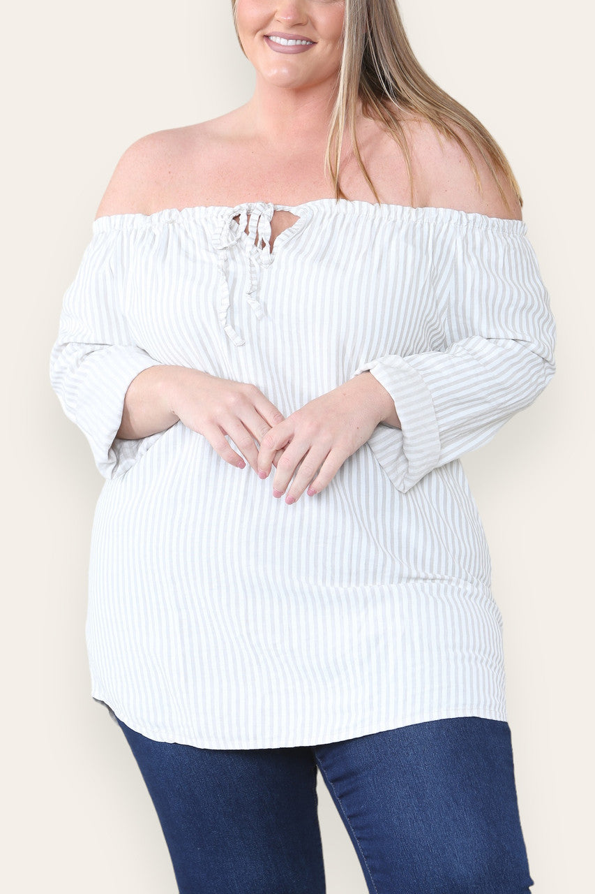 GESTREEPT BARDOT TOP MET STRIKSLUITING STEENKLEURIG