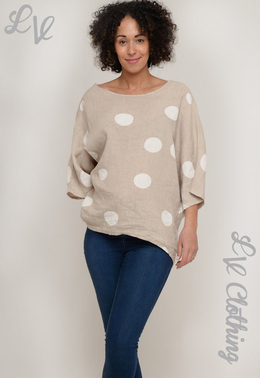 Ladies linen polka dot smock top in stone with large white spot print
