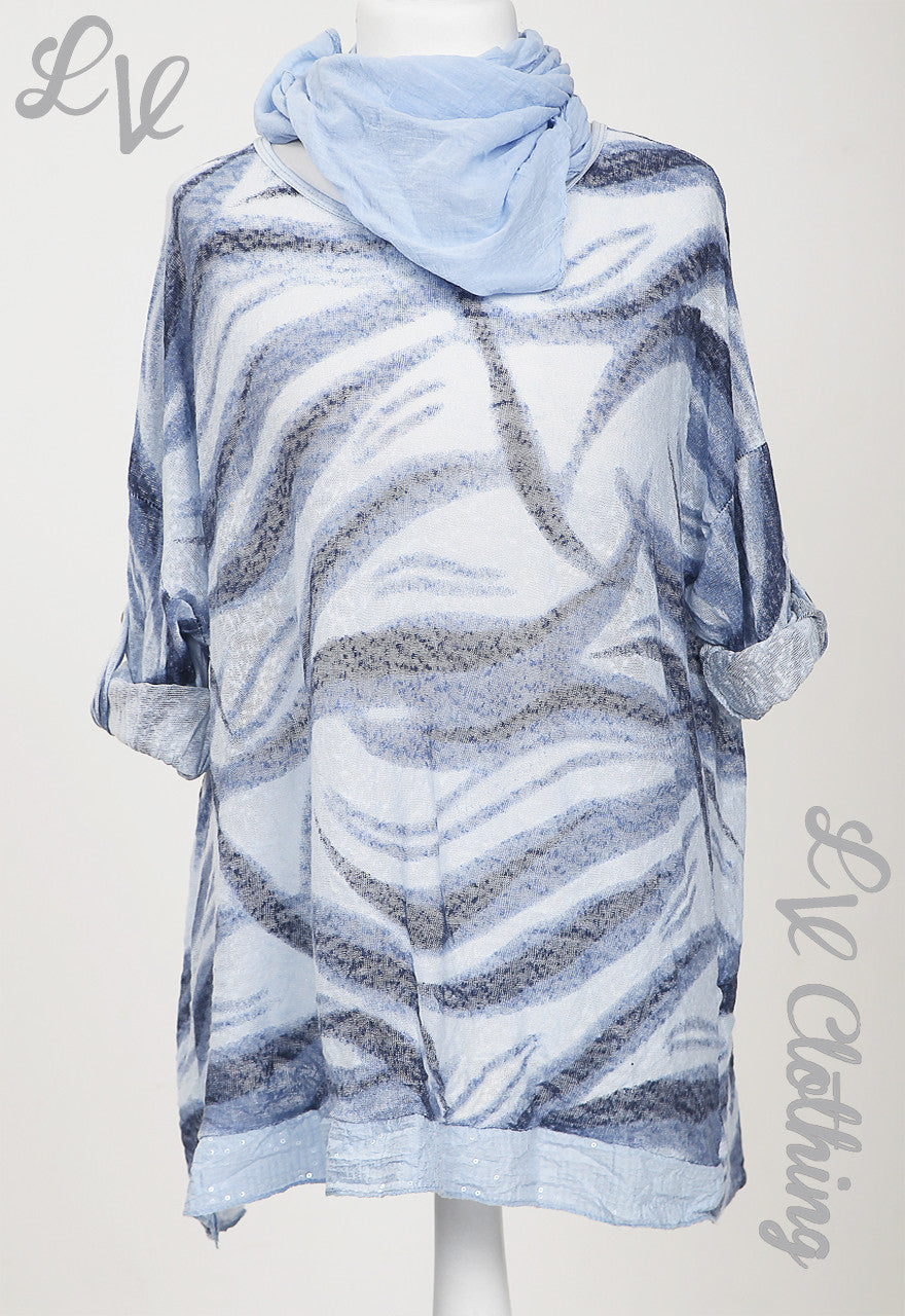 Ladies Swirl Print Scarf Top Light Blue - Unit Price £11.99