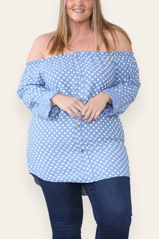 POLKA DOT BUTTON FRONT BARDOT TOP DENIM
