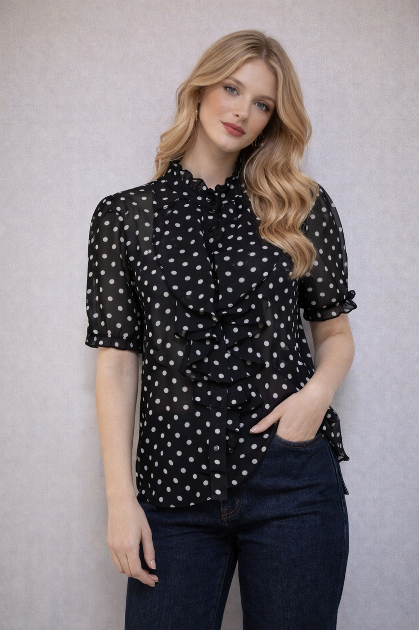 Chiffon Blouse met Stippen en Ruches aan de Voorkant - Zwart