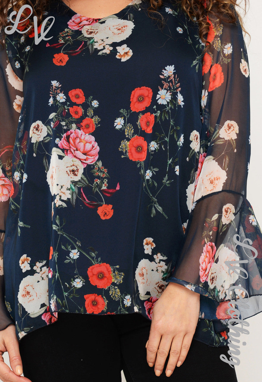 Ladies Floral Poppy Print Blouse with Flared Sleeves £10.99