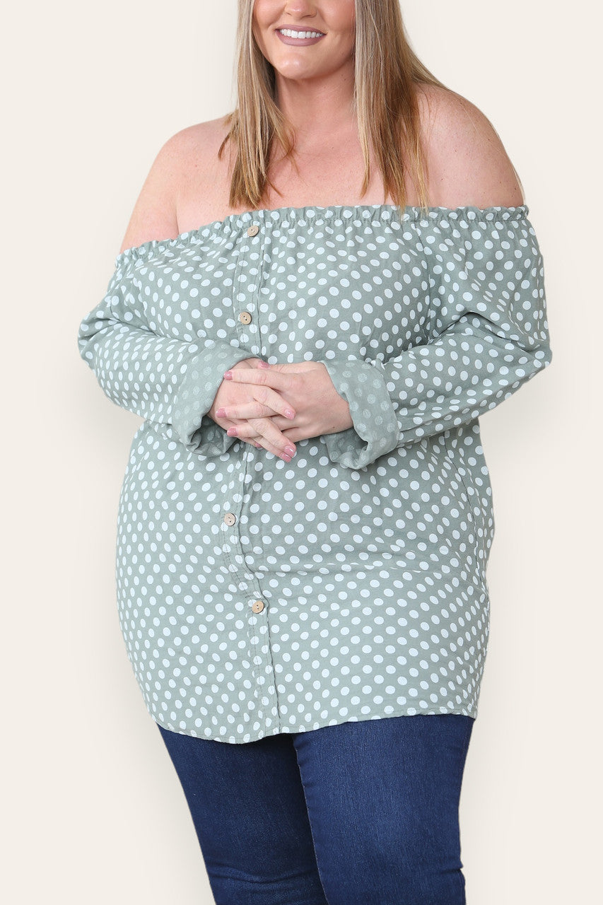 POLKA DOT BUTTON FRONT BARDOT TOP KHAKI