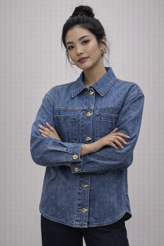 Jeansjack met studs en knoopsluiting - Donker denim