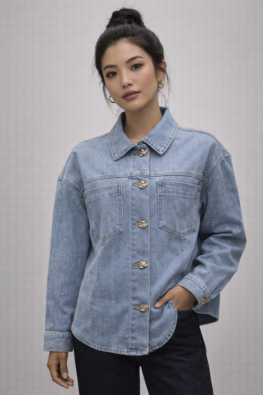 Stud Embellished Denim Jacket with Button Front - Light Denim