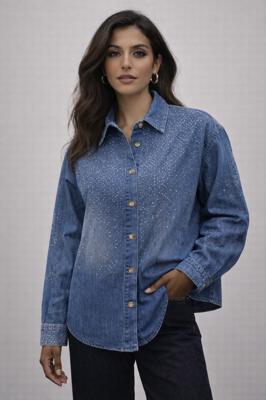 Crystal Embellished Denim Shirt with Button Front - Dark Denim