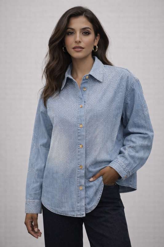 Crystal Embellished Denim Shirt with Button Front - Light Denim