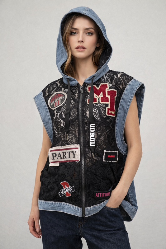 Sleeveless Denim Hooded Patchwork Zip Gilet