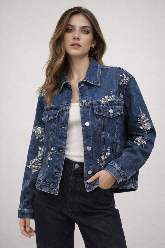 Embellished Denim Jacket with Crystal Detail - Dark Denim