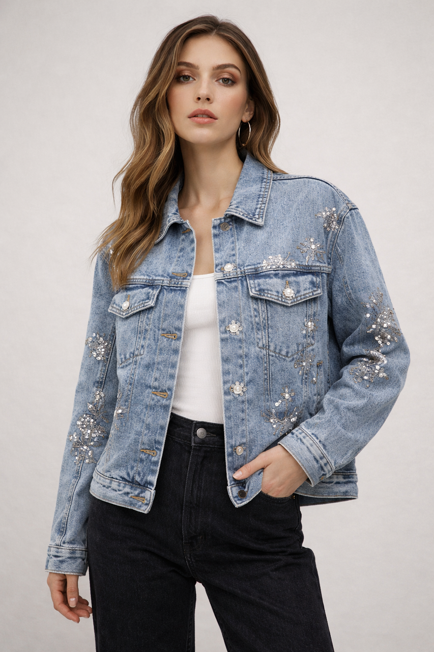 Versierde Denim Jas met Kristallen Details - Licht Denim