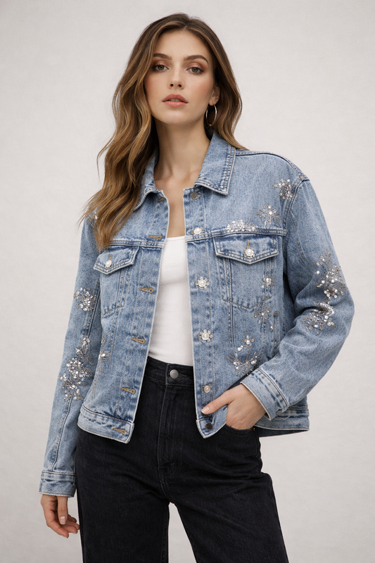 Versierde Denim Jas met Kristallen Details - Licht Denim
