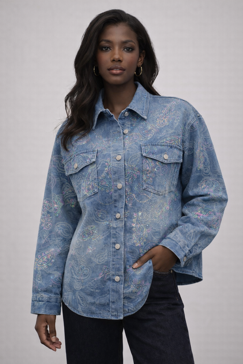 Verfraaid denim overshirt met iriserende details - Donker denim