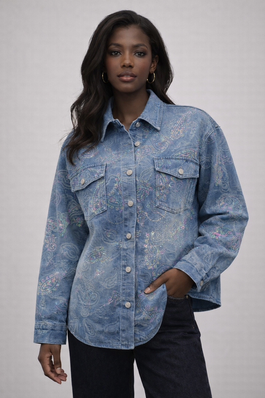 Verfraaid denim overshirt met iriserende details - Donker denim